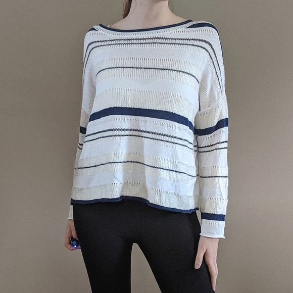 Lou & Grey Striped Sweater Size M, Navy Cream - Picture 2 of 9